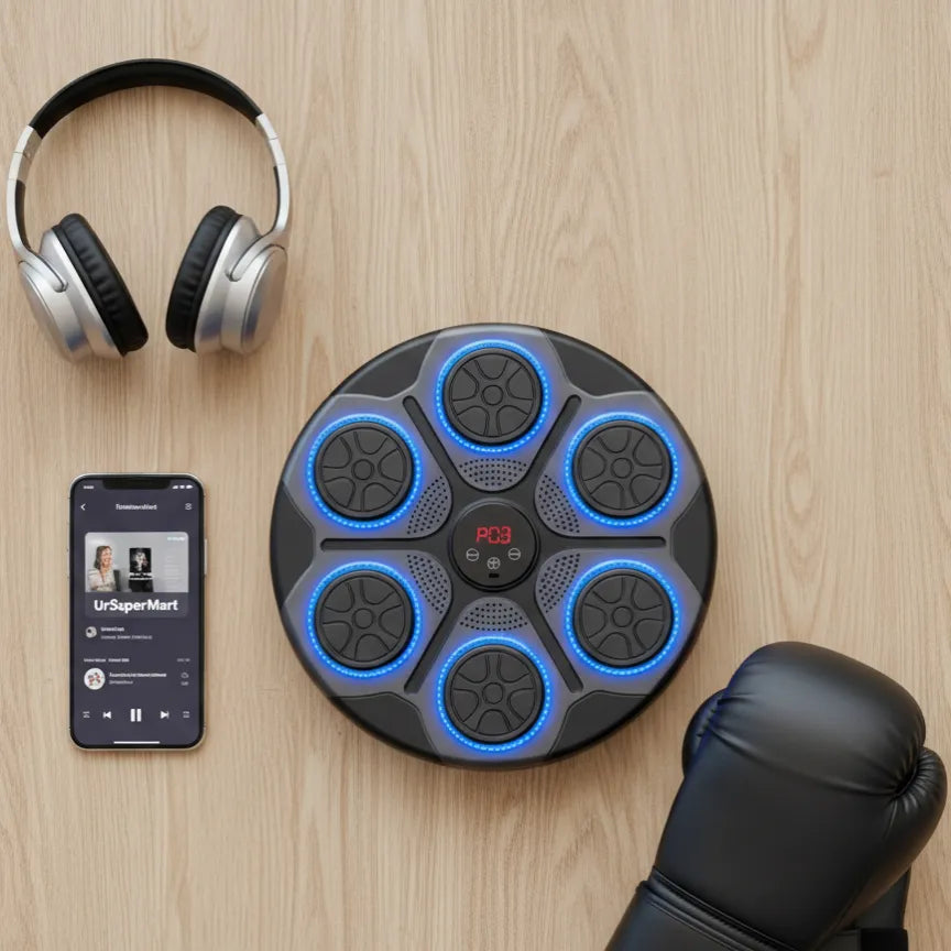 Music Boxing Machine flat lay with boxing glove, headphones and phone, smart home gym device combining music and boxing