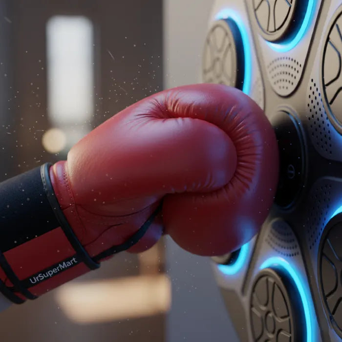 Music Boxing Machine close-up showing boxing glove striking LED target, responsive smart pad enhances speed and accuracy