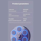 Music Boxing Machine specs showing ABS shell, PU target material, and 50mm thickness