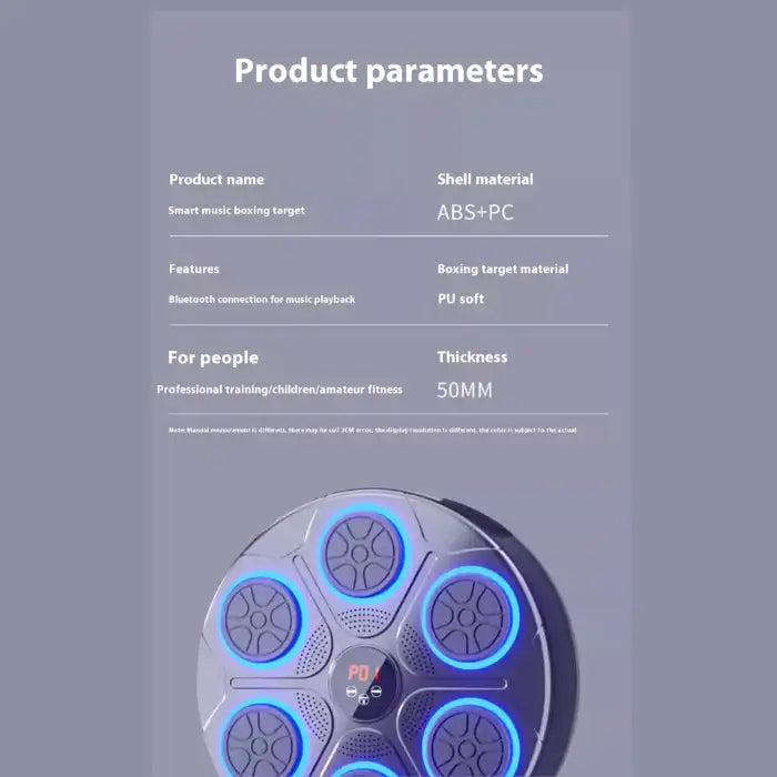 Music Boxing Machine specs showing ABS shell, PU target material, and 50mm thickness