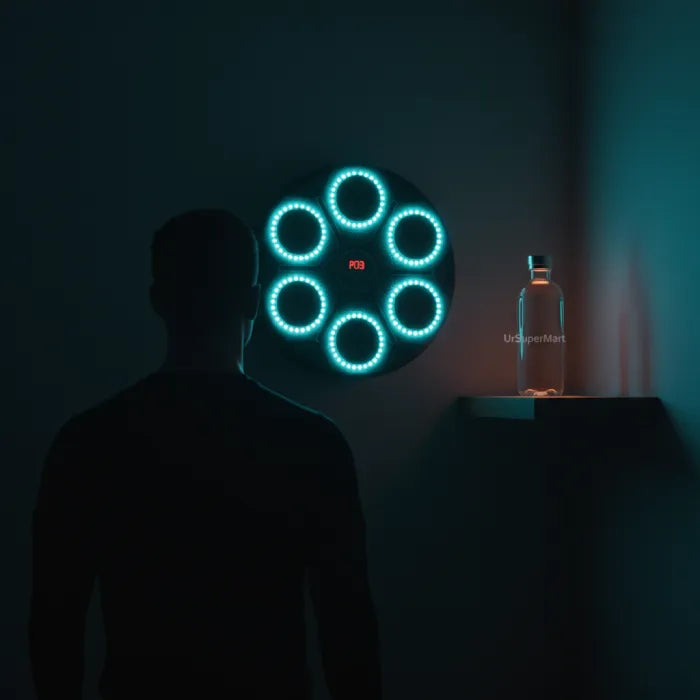 Music Boxing Machine glowing in dark room with LED targets, immersive smart boxing trainer for focus and stress relief