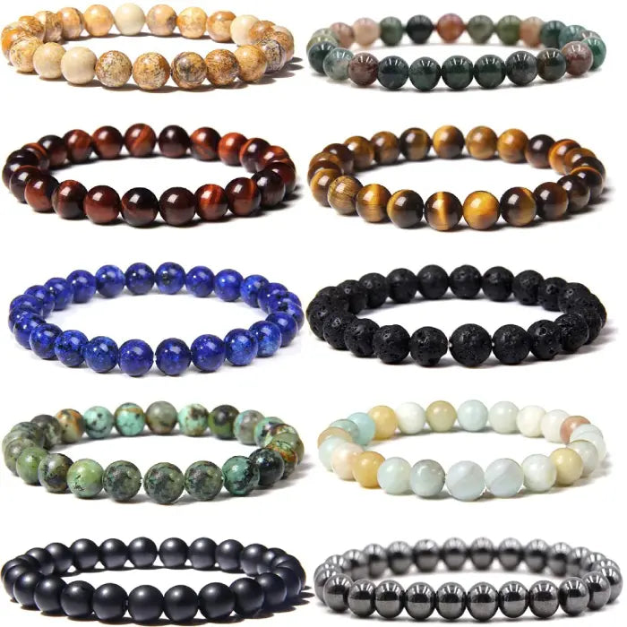 Collection of natural stone beaded stretch bracelets in various colors and materials