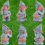 Naughty garden gnome shown in various angles and poses on grass, including back and side views.