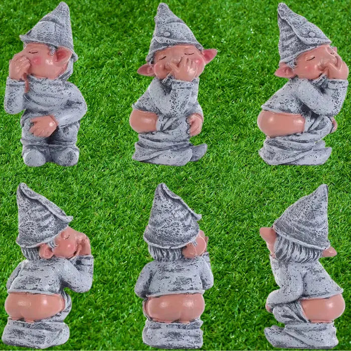 Naughty garden gnome shown in various angles and poses on grass, including back and side views.