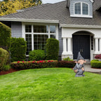 Naughty garden gnome used as humorous front yard decor near walkway and flower beds.