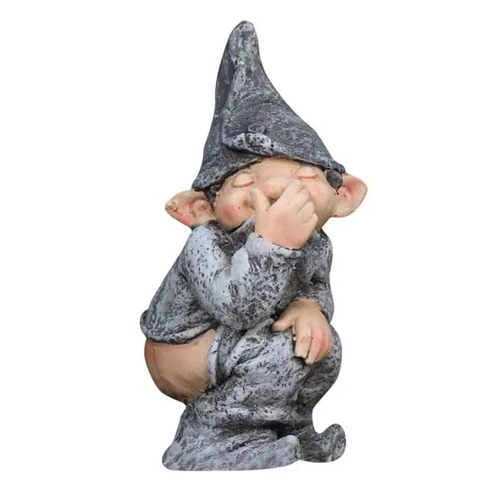 Naughty garden gnome statue crouching with hand on nose, exposed butt, and textured gray outfit.