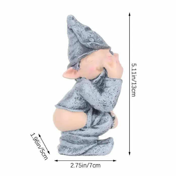 Naughty garden gnome figurine with size dimensions shown for height, width, and depth reference.