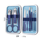  Navy blue professional manicure kit with metal tools and scissors in compact metal case with textured interior
