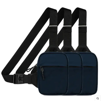 Navy blue chest bag with black adjustable straps, multiple compartments, and zipper closures for everyday carry