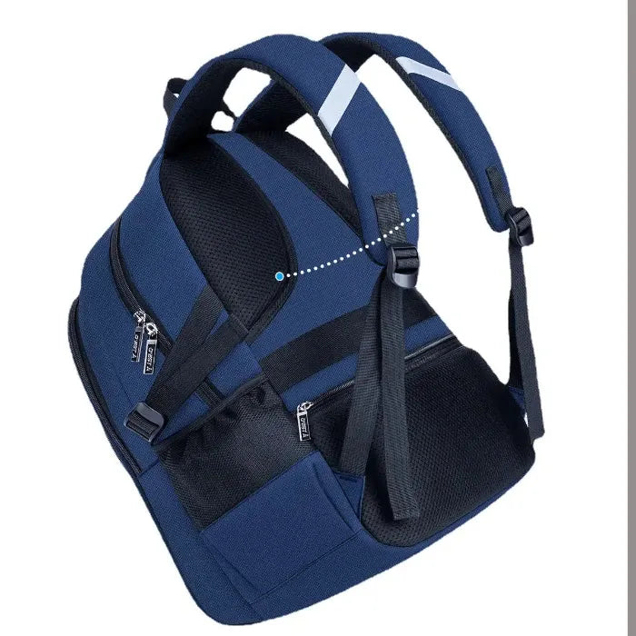 Navy blue backpack with padded straps, mesh back panel, and multiple compartments for comfortable school use