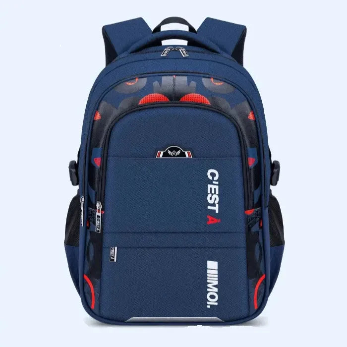 Navy blue backpack with red accents, multiple compartments, and side pockets for school or sports use