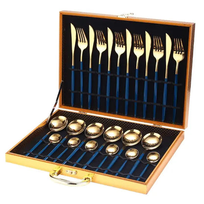 Premium navy-handled gold flatware in deluxe presentation case