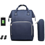 Premium navy diaper bag with doctor bag opening, insulated bottle holder and stroller straps for maximum functionality