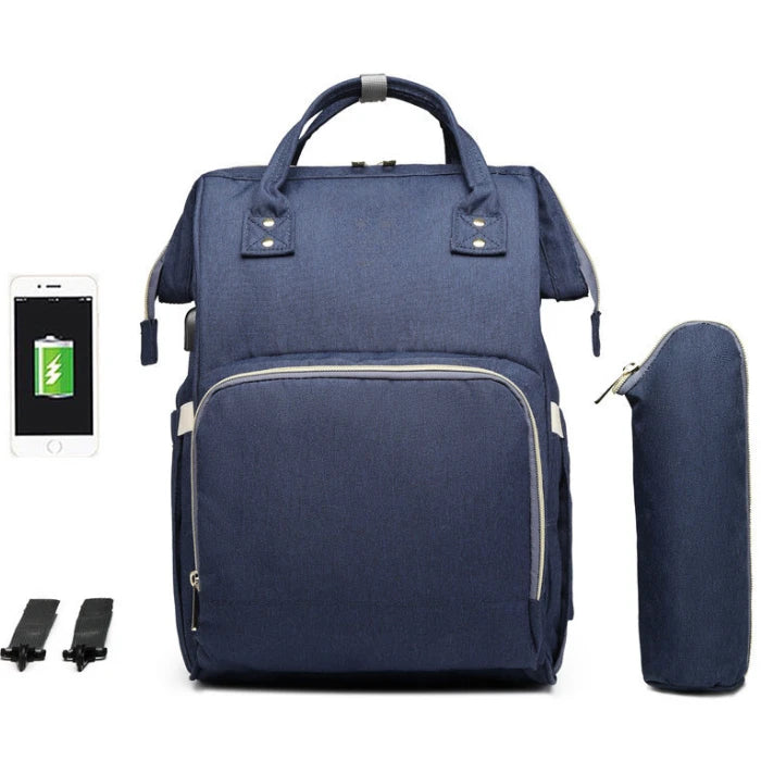 Premium navy diaper bag with doctor bag opening, insulated bottle holder and stroller straps for maximum functionality