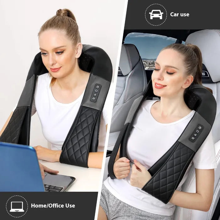 Neck and back massager shown in use at home and in a car, featuring a quilted design and ergonomic fit.