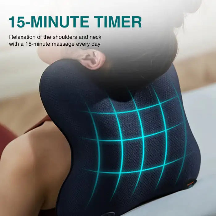 Neck Massager Pillow with 15-minute automatic timer shown massaging back of neck with grid light effect.