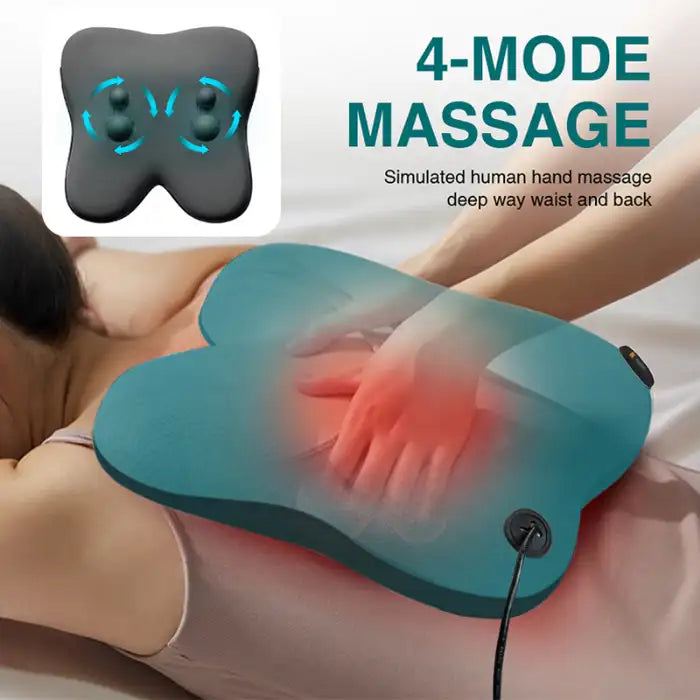 Neck Massager Pillow offering 4-mode deep massage for waist and back with simulated hand pressure.