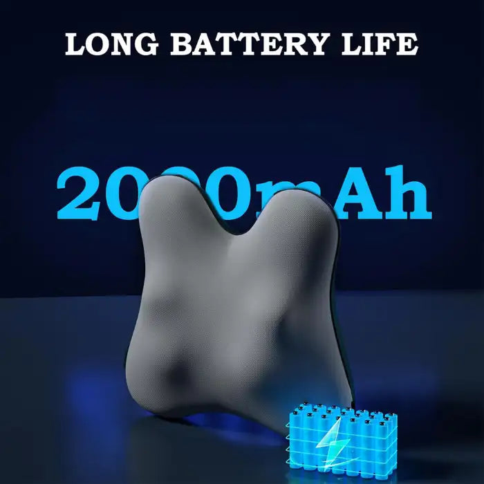 Neck Massager Pillow featuring long battery life with 2000mAh capacity on dark blue background.