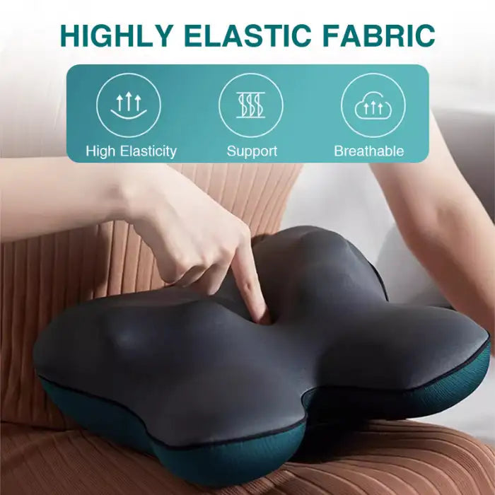 Neck Massager Pillow showing highly elastic support fabric being pressed for flexibility and softness.