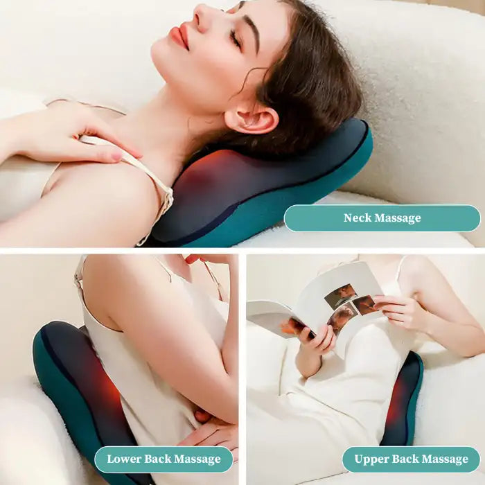 Neck Massager Pillow in use for neck, upper back, and lower back massages while resting on a sofa.