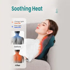 Neck Massager Pillow with soothing heat function showing before and after pain relief for shoulders and neck.
