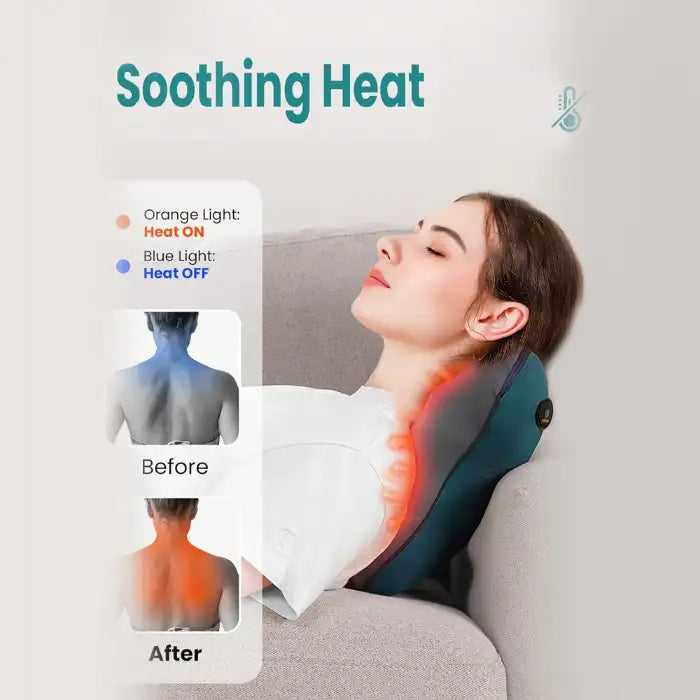 Neck Massager Pillow with soothing heat function showing before and after pain relief for shoulders and neck.