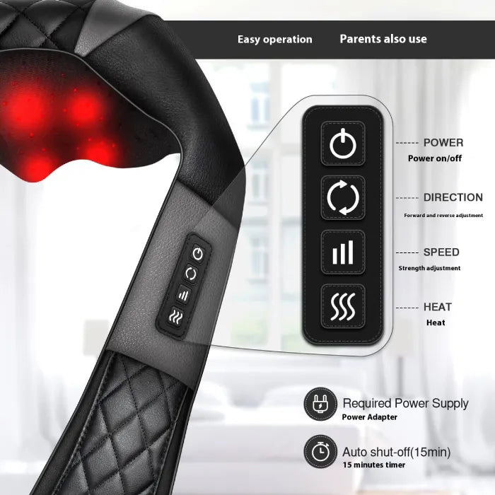 Detailed view of neck massager control panel showing power, direction, speed, and heat settings.