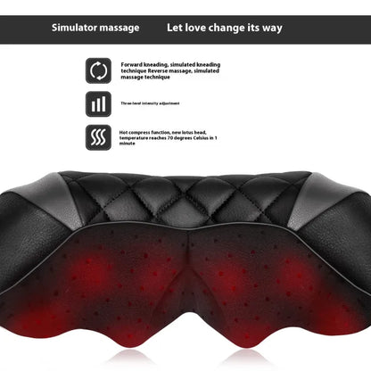 Close-up of a neck massager displaying red LED heating and simulated kneading massage features.