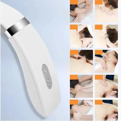 Neck massager alongside diagrams of manual therapy techniques for pain relief and relaxation.