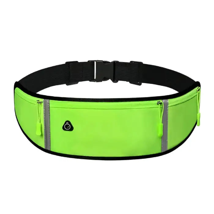 Bright neon green running belt with black strap, zippered pocket, and reflective logo for high visibility