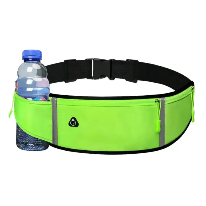 Neon green running belt with water bottle holder, black adjustable strap, and reflective accents for visibility