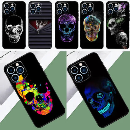 Neon skull phone case design with vibrant colors and a glowing aesthetic, perfect for unique style.