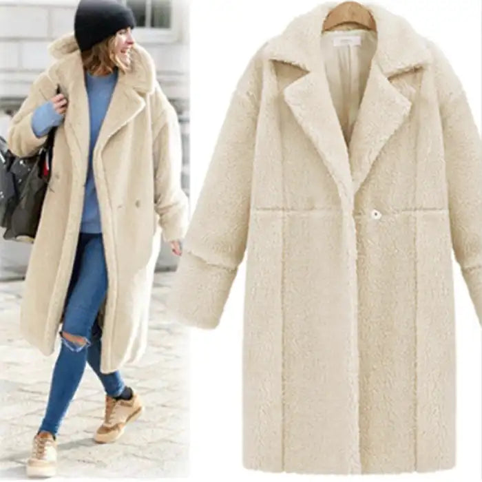New Women's Cashmere Long beige winter coat with soft teddy cashmere texture beside model, offering warm cozy seasonal comfort