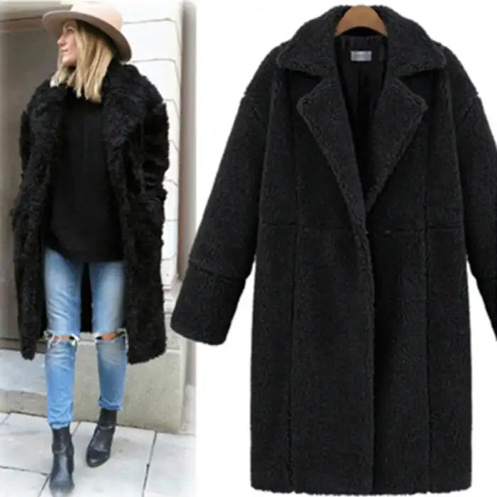 New Women's Cashmere Long black teddy coat beside model, featuring plush cashmere texture and stylish warm winter outerwear design