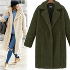 New Women's Cashmere Long green teddy overcoat shown beside model, featuring plush cashmere fabric and warm winter styling