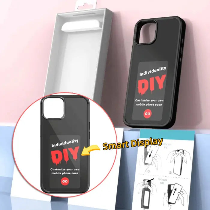 NFC smart-phone-case with DIY custom display option and black case packaging layout