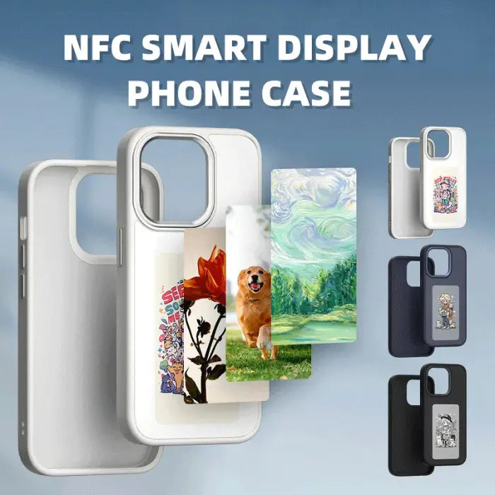 NFC smart-phone-case with nature, dog, and art displays shown with white and black cases