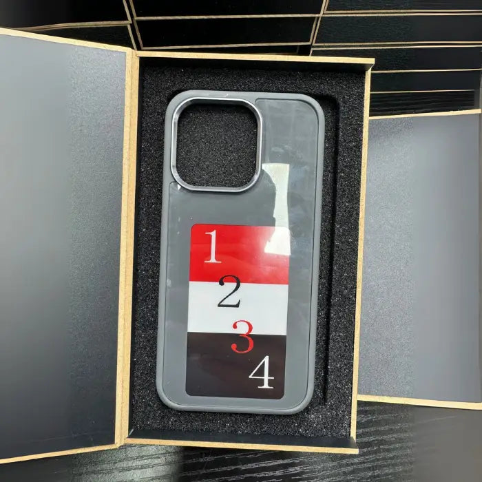 NFC smart-phone-case with red, black, and white 1 to 4 numbered display inside gift box