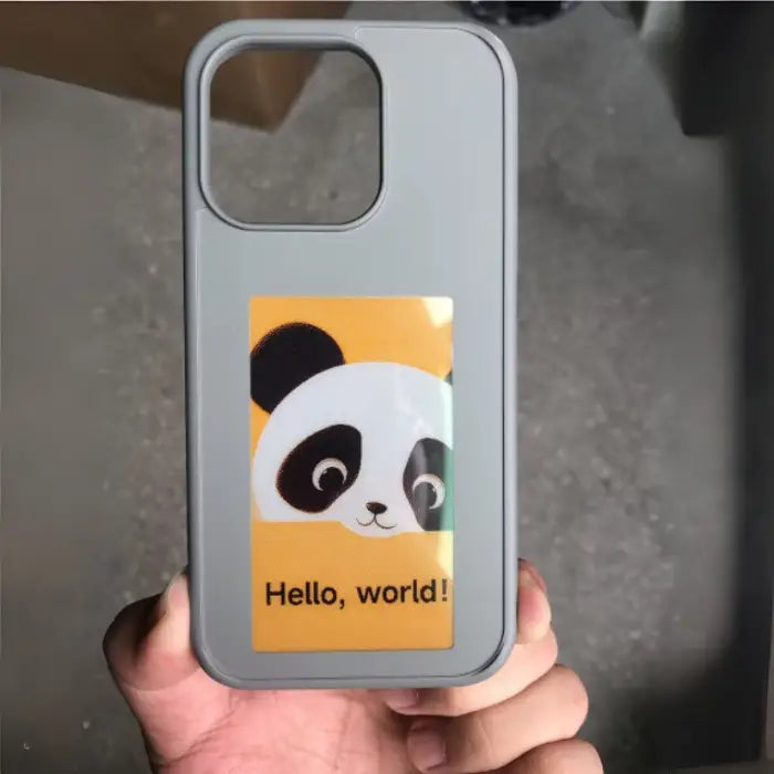 NFC smart-phone-case with cartoon panda and Hello, world! message on a yellow background