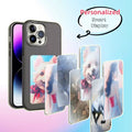 NFC smart-phone-case showing white dog and girl display themes with customization options