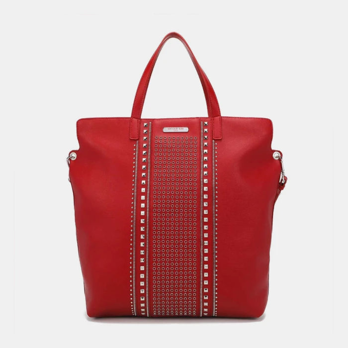 red leather handbag with signature Nicole Lee studded pattern and silver hardware details for modern fashion statement