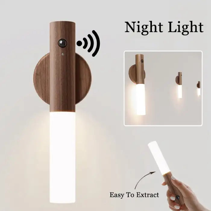 Night Light with wood design wall mount and motion sensor for soft hallway or bedroom lighting