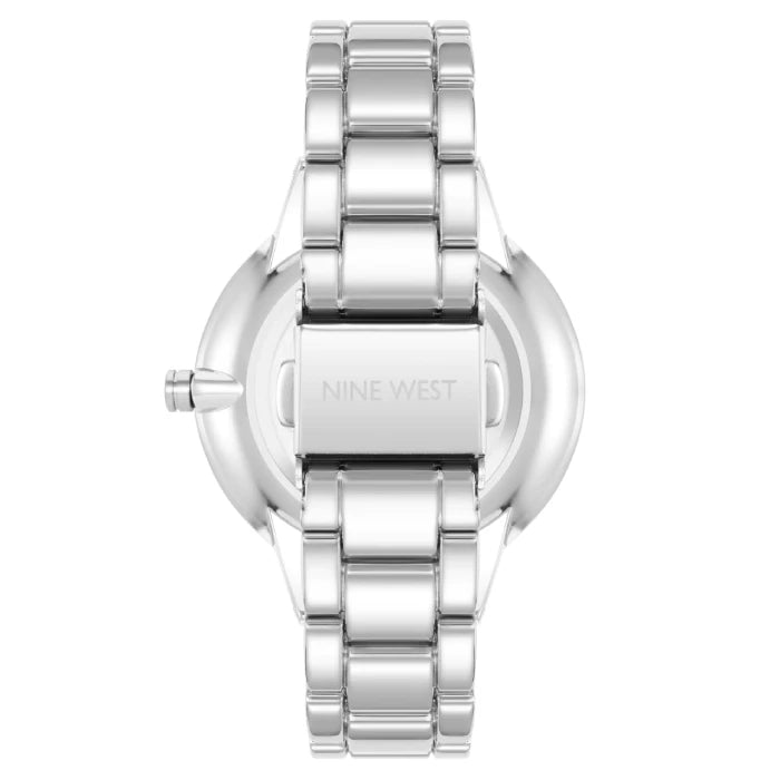 Nine West women's luxury watch back case featuring polished stainless steel bracelet and branded case back design
