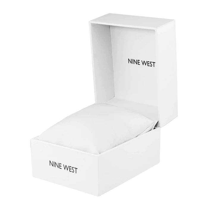 Premium Nine West watch presentation box in white with branded luxury watch packaging and cushioned interior 