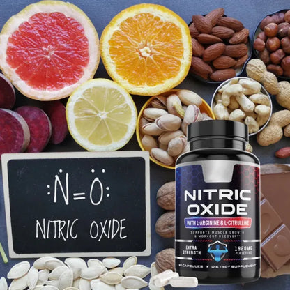 Nitric oxide supplement with citrus fruits, nuts, and formula diagram showing natural ingredient sources