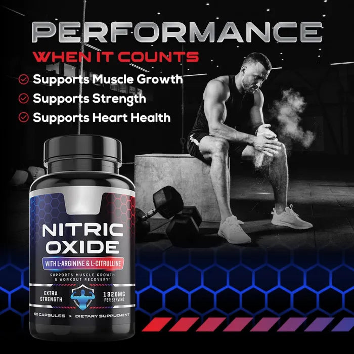 Nitric oxide supplement bottle with muscle growth and strength benefits in gym environment