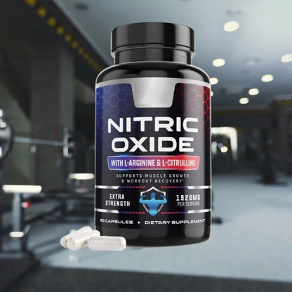  Nitric oxide supplement bottle with l-arginine and l-citrulline shown in modern gym environment with capsules