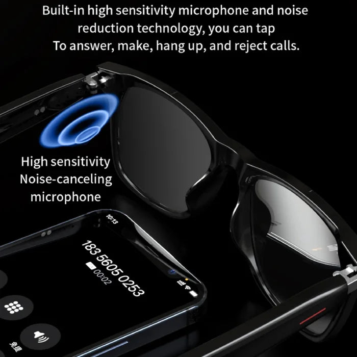 High sensitivity noise-canceling microphone in smart glasses for crystal clear calls.