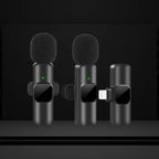 Dual noise canceling wireless microphone set with a compact receiver for clear audio recording.