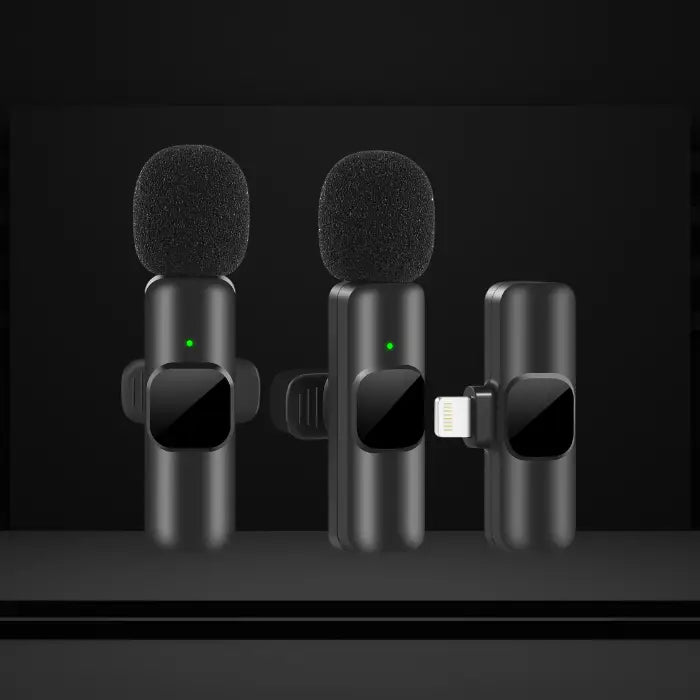 Dual noise canceling wireless microphone set with a compact receiver for clear audio recording.